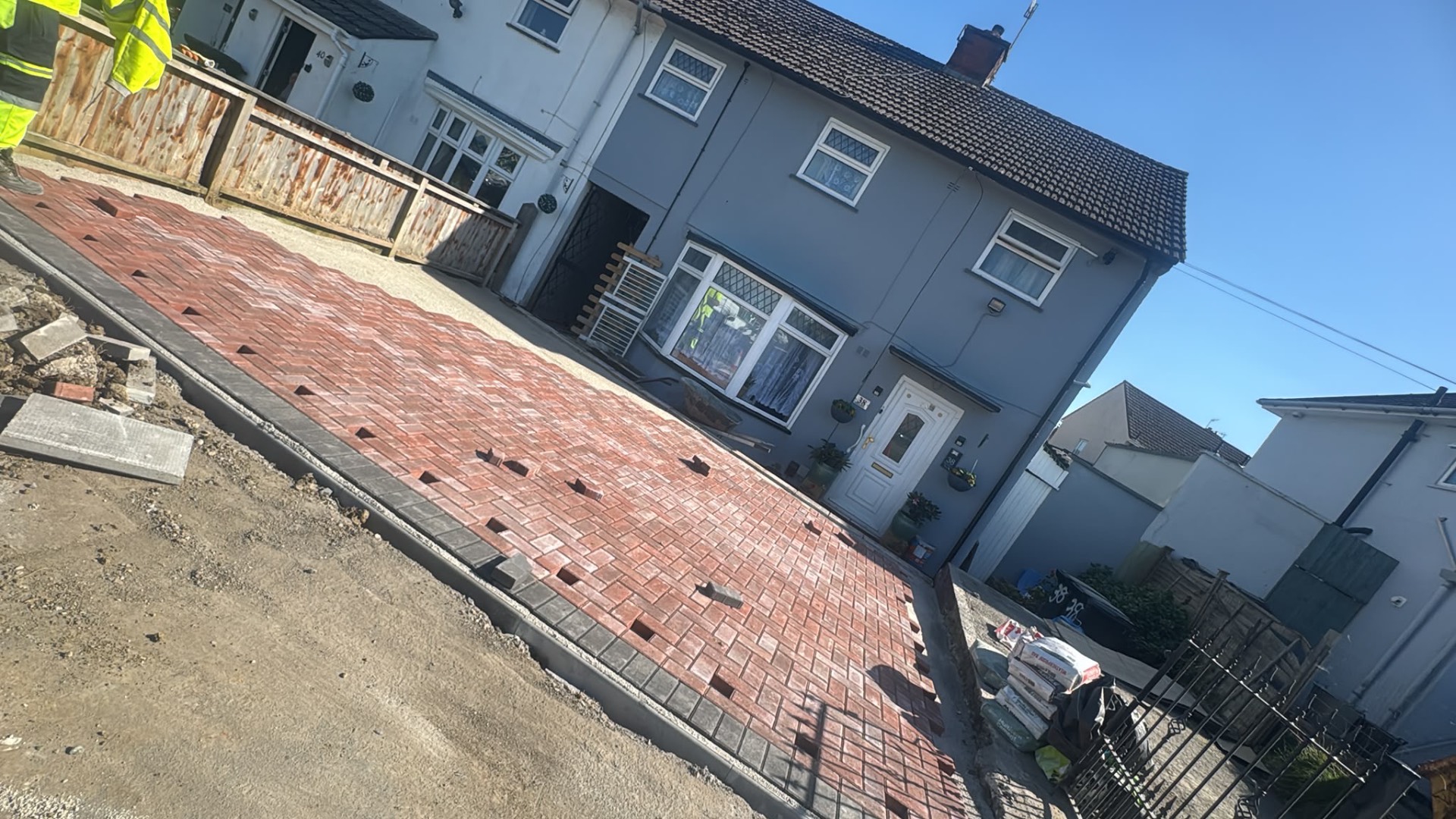 Driveway excavated to formation and built up before block paving is laid, Gloucester